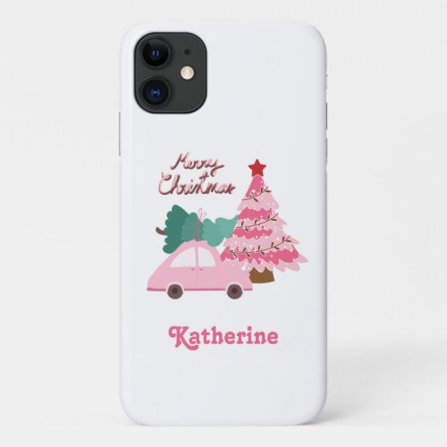 Personalized Pink  Green Merry Christmas Tree iPhone 11 Case