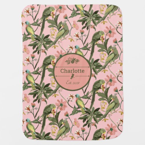 Personalized Pink Green Parrot Pattern With Name Baby Blanket