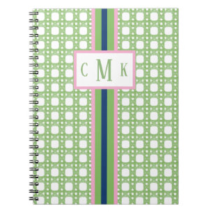 Personalized Pink & Green Preppy Caning Monogram Notebook