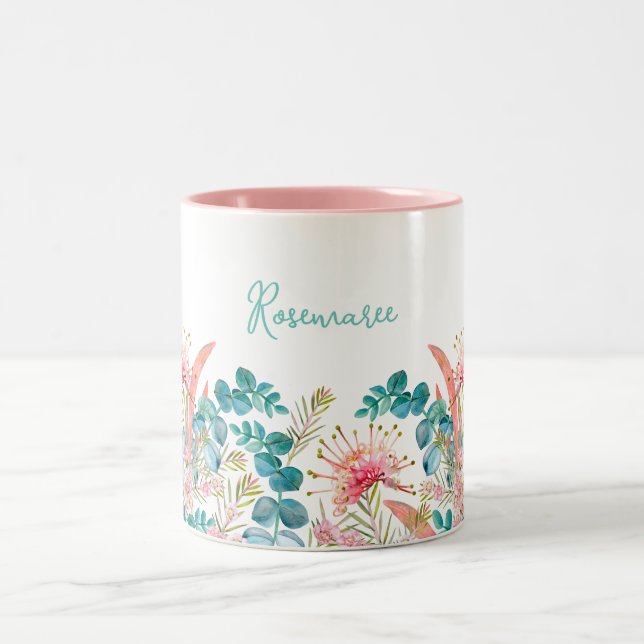 Personalized Pink Grevillea and Eucalyptus Two-Tone Coffee Mug (Center)