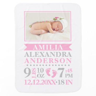 Personalized Pink Grey Baby Girl Birth Stats PHOTO Baby Blanket