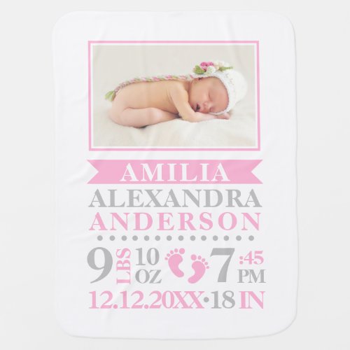 Personalized Pink Grey Baby Girl Birth Stats PHOTO Baby Blanket