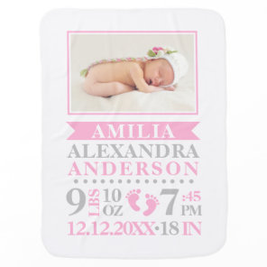 Personalized Pink Grey Baby Girl Birth Stats PHOTO Blanket