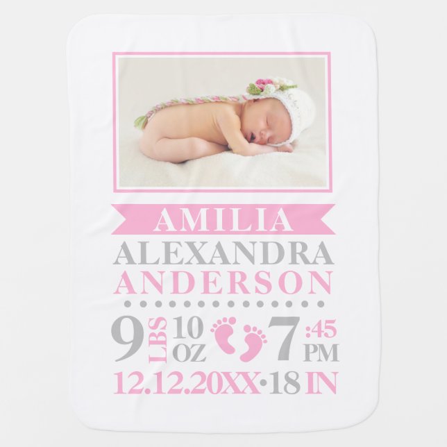 Personalized Pink Grey Baby Girl Birth Stats PHOTO Blanket (Front)