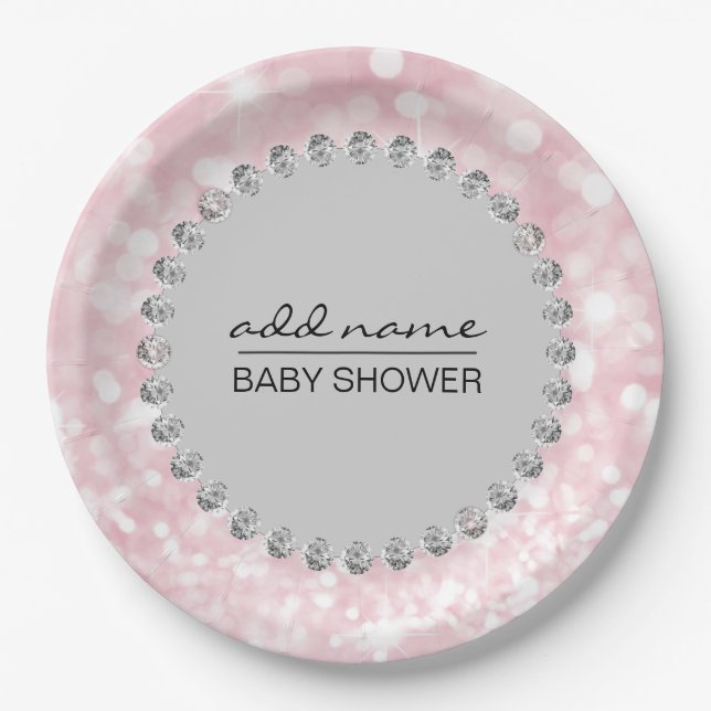Personalized Pink/Grey Baby Shower Girl Paper Plates (Front)