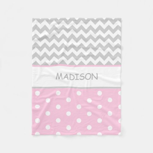 Personalized Pink Grey Chevron Polka Dots Baby Fleece Blanket