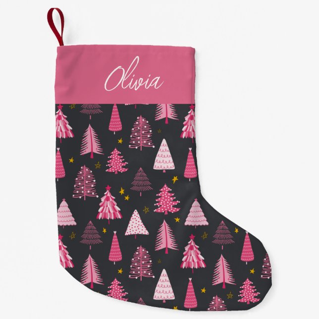 Personalized Pink & Grey Christmas Tree Pattern Small Christmas Stocking (Front)