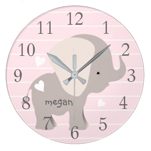 Personalized Pink Grey Elephant Nursery Wall Clock