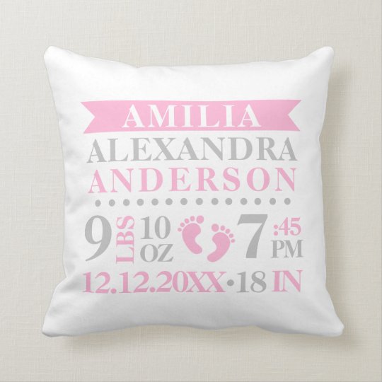 Personalized Pink Grey White Baby Nursery Throw Pillow Personalized Pink Grey White Baby Nursery Throw Pillow