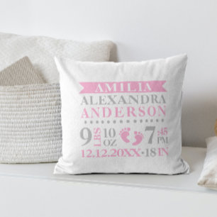 Personalized Pink Grey White BABY Girl Nursery Throw Pillow