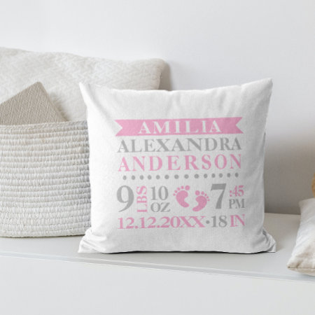 Personalized Pink Grey White Baby Girl Nursery Throw Pillow