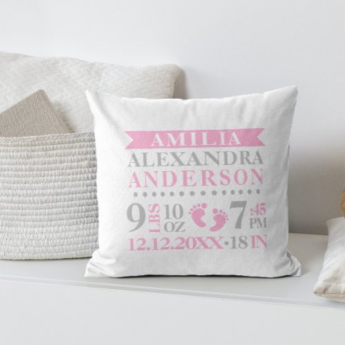 Personalized Pink Grey White BABY Girl Nursery Throw Pillow