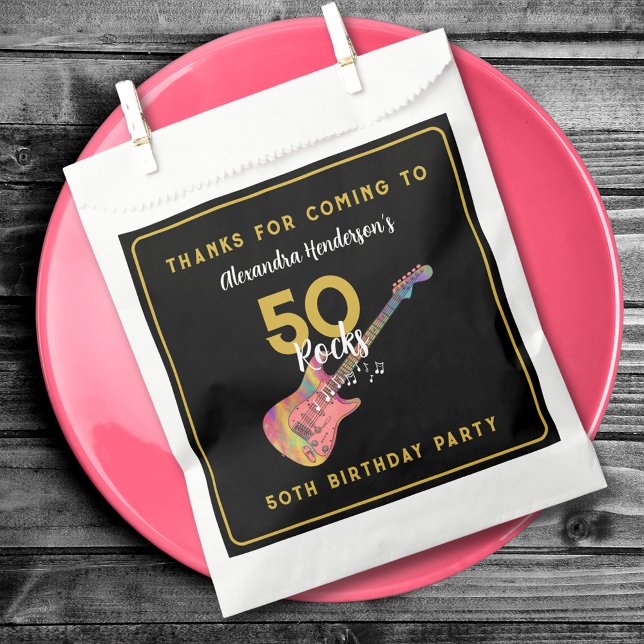 Personalized Pink Guitar 50th Birthday Thank You Favor Bag (50 Rocks cool pink guitar black and gold custom 50th birthday party thank you favor bag)