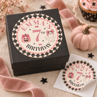 Personalized Pink Halloween Birthday Round Sticker