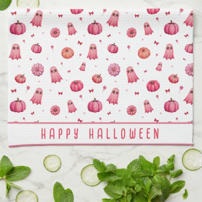 Personalized Pink Halloween Pumpkins Kitchen Towel (Folded)