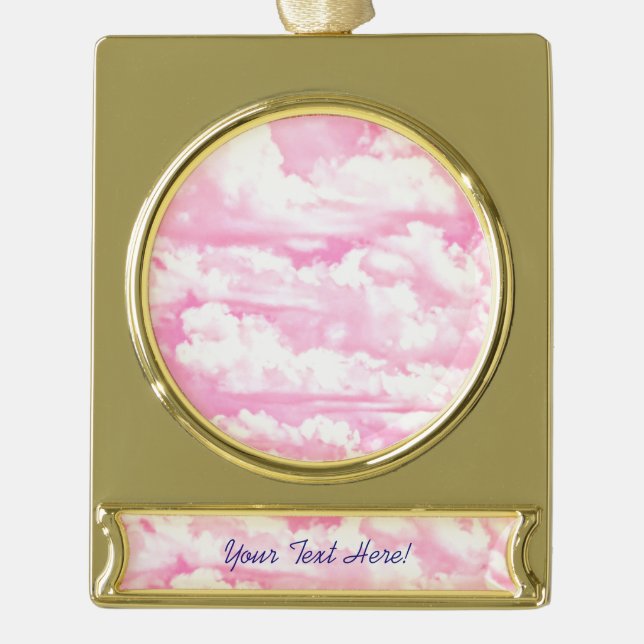Personalized Pink Happy Clouds Gold Plated Banner Ornament (Front)