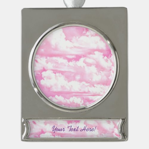 Personalized Pink Happy Clouds Silver Plated Banner Ornament