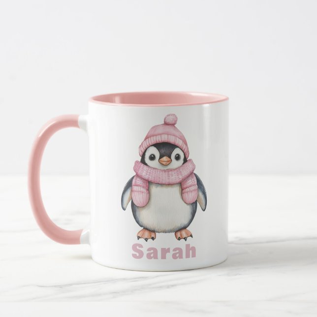 Personalized Pink Hat Penguin Custom Name Mug (Left)