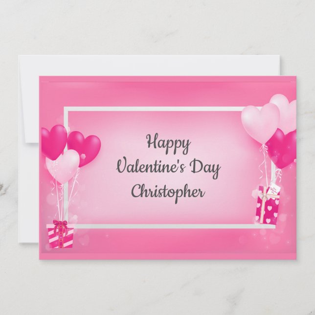Personalized Pink Heart Balloons Valentine's Day H Holiday Card (Front)