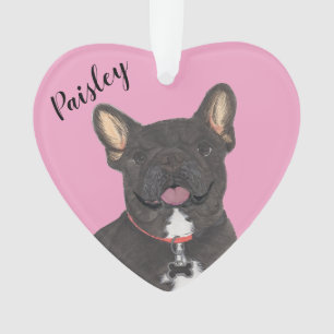 Personalized Pink Heart Black Brindle Frenchie Ornament