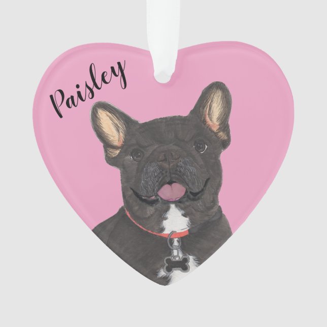 Personalized Pink Heart Black Brindle Frenchie Ornament (Front)