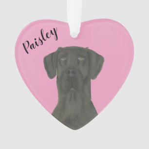 Personalized Pink Heart Black Great Dane Ornament