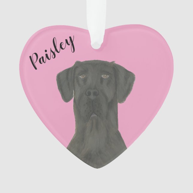 Personalized Pink Heart Black Great Dane Ornament (Front)