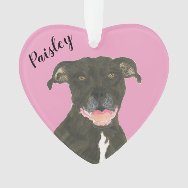 Personalized Pink Heart Black Pitbull Staffy Ornament (Front)