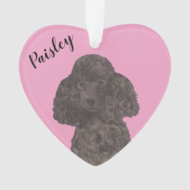 Personalized Pink Heart Black Poodle Ornament (Front)