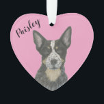 Personalized Pink Heart Blue Cattledog Heeler Ornament<br><div class="desc">I am in love with this beautifully detailed watercolor illustration of a blue australian cattledog or heeler dog! on a sweet pink heart! Personalize these pastel ornaments and make the nice list this year! For the perfect presents, pair it with a matching item from the collection for a thoughtful housewarming,...</div>