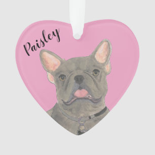 Personalized Pink Heart Blue Frenchie Ornament