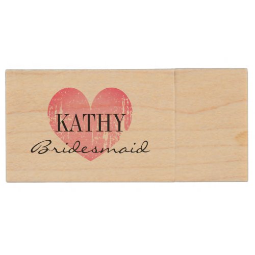 Personalized pink heart bridesmaid party favor wood flash drive