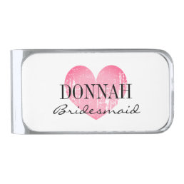Personalized pink heart bridesmaid  silver finish money clip