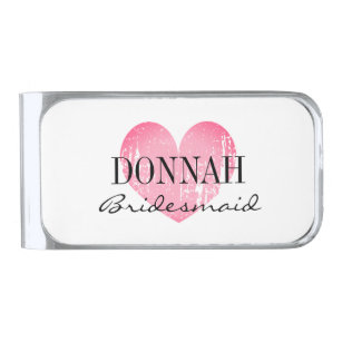 Personalized pink heart bridesmaid  silver finish money clip