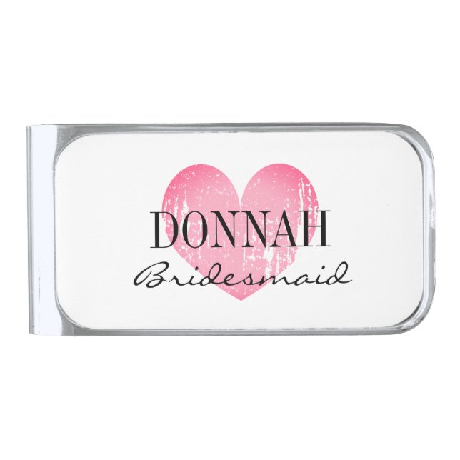Personalized pink heart bridesmaid  silver finish money clip (Front)