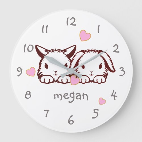 Personalized Pink Heart Bunny Nursery Wall Clock