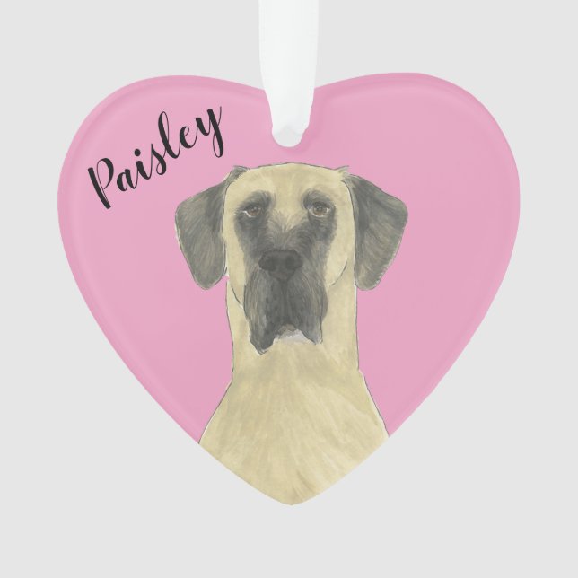 Personalized Pink Heart Fawn Masked Great Dane Ornament (Front)