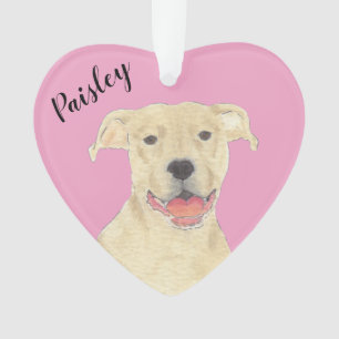 Personalized Pink Heart Fawn Tan Pitbull Staffy Ornament