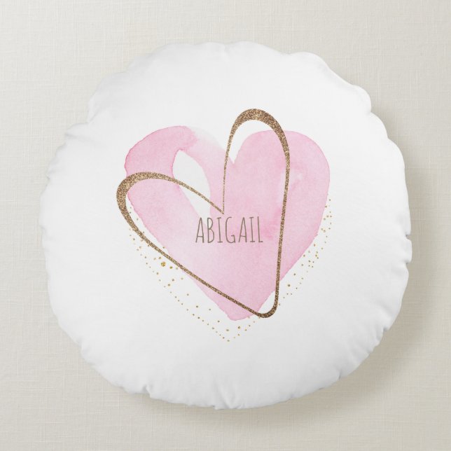 Personalized Pink Heart Glam White Girl's Round Pillow (Front)