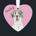 Personalized Pink Heart Harlequin Great Dane Ornament<br><div class="desc">I am in love with this beautifully detailed watercolor illustration of a harlequin great dane on a sweet pink heart! Personalize these pastel ornaments and make the nice list this year! For the perfect presents, pair it with a matching item from the collection for a thoughtful housewarming, bridal shower, teacher,...</div>