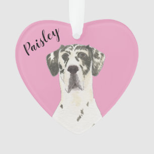 Personalized Pink Heart Harlequin Great Dane Ornament