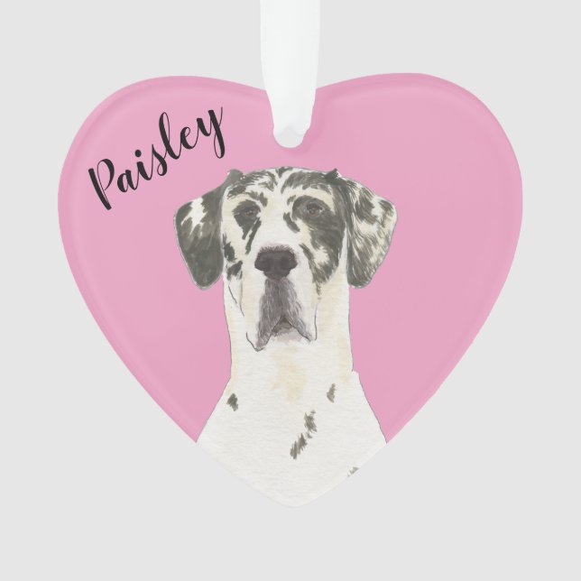 Personalized Pink Heart Harlequin Great Dane Ornament (Front)