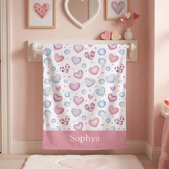 Personalized Pink Heart Kids Bath Towel (Creator Uploaded)