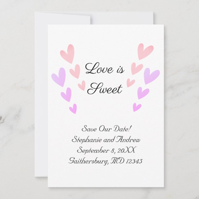 Personalized Pink Heart Love Is Sweet Wedding Save The Date (Front)