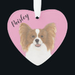 Personalized Pink Heart Red and White Papillon  Ornament<br><div class="desc">I am in love with this beautifully detailed watercolor illustration of a red and white papillon dog on a sweet pink heart! Personalize these pastel ornaments and make the nice list this year! For the perfect presents, pair it with a matching item from the collection for a thoughtful housewarming, bridal...</div>