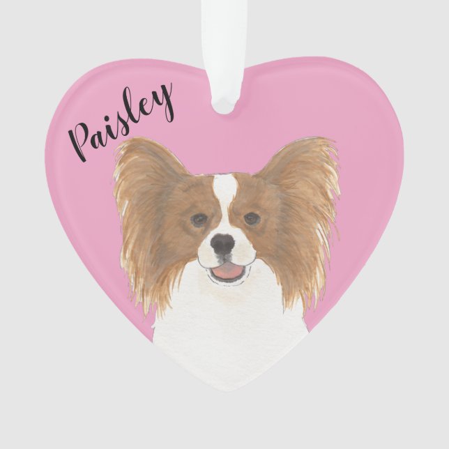 Personalized Pink Heart Red and White Papillon  Ornament (Front)