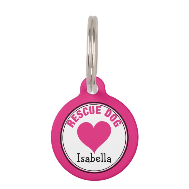 Personalized Pink Heart Rescue Dog ID Tag (Front)