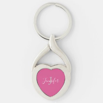 Personalized Pink Heart Shaped Script Monogram Keychain by JennLenayDesigns at Zazzle