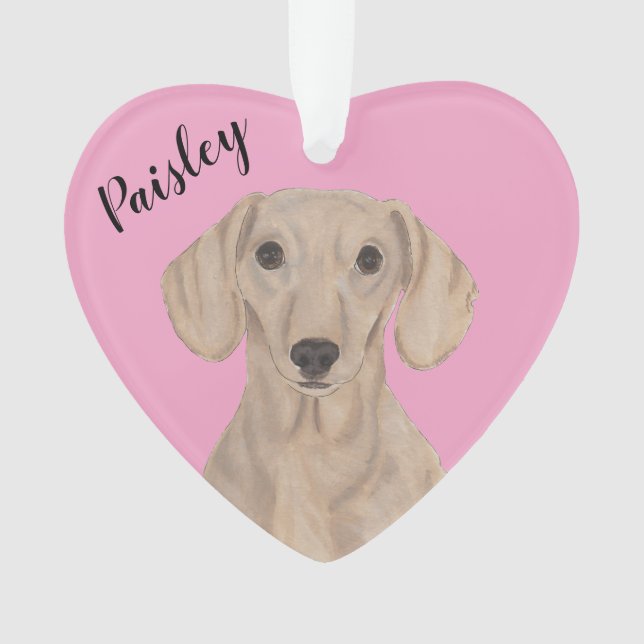 Personalized Pink Heart Smooth Red Dachshund Ornament (Front)