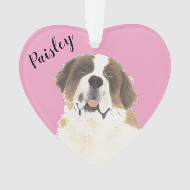 Personalized Pink Heart St. Bernard Dog Ornament (Front)